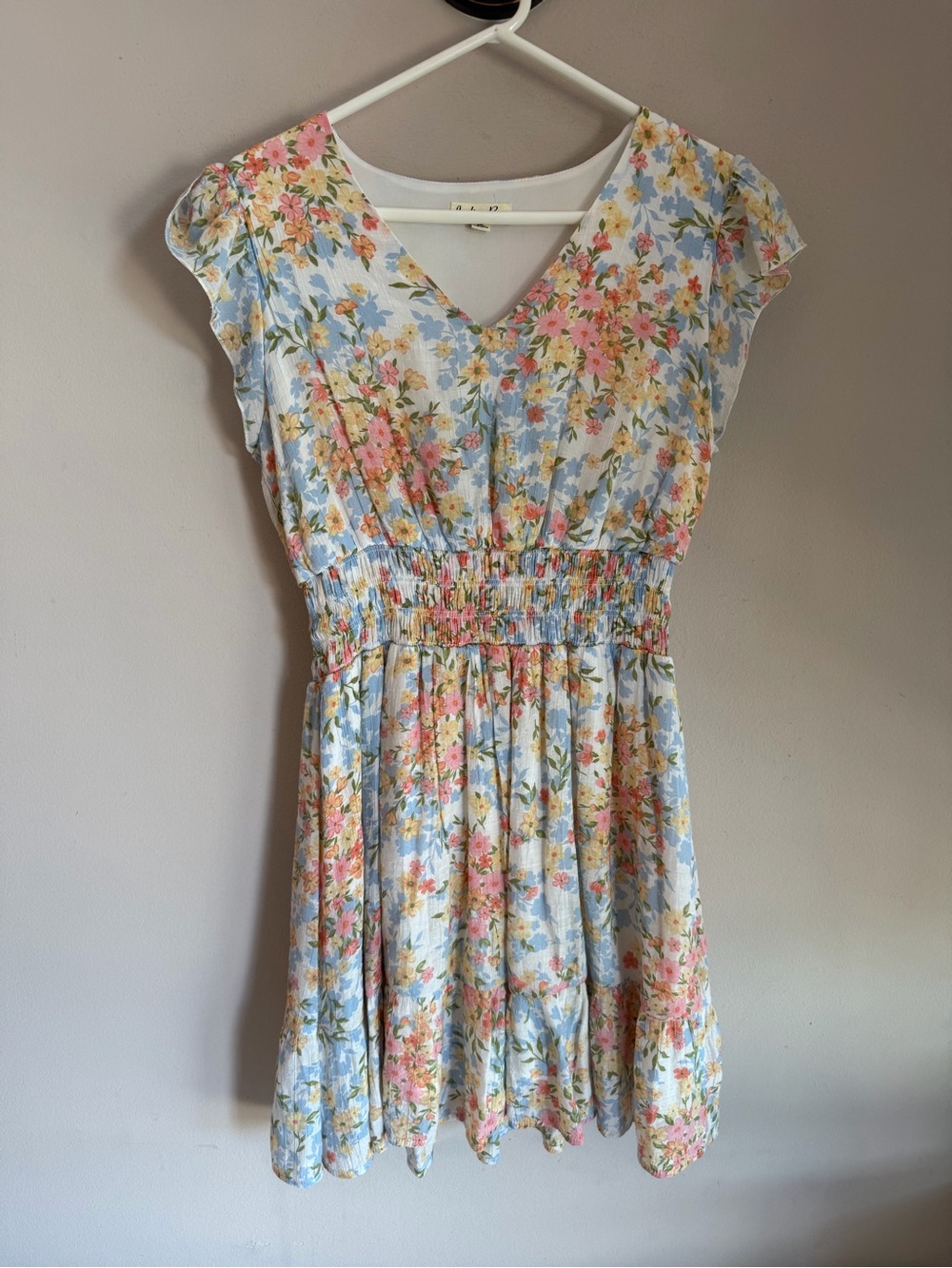 Indigo Rose Floral V-Neck Smocked Mini Dress Pink Blue Yellow Petite Large PL